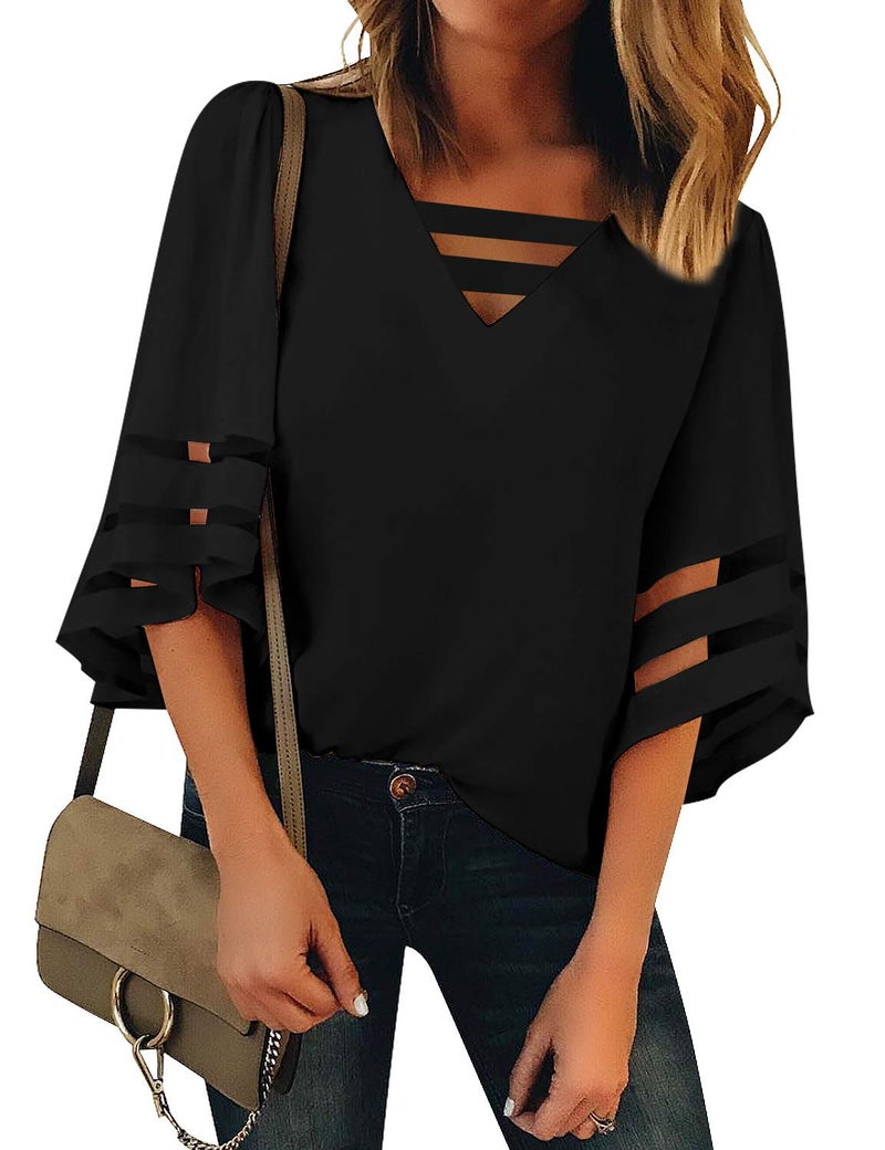 LookbookStore Spring Summer Tops for Women Dressy Casual 2024 Black Tops Blouses Strappy Vneck Mesh Panel 3/4 Length Sleeve Womens Tops Bell Sleeve Loose Shirt Size M Size 8 10 - Image 1
